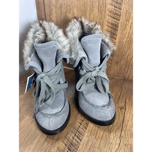 Steve Madden Women's Grey Lace Up-Boot Booties With Heels & Fur - - Picture 1 of 6